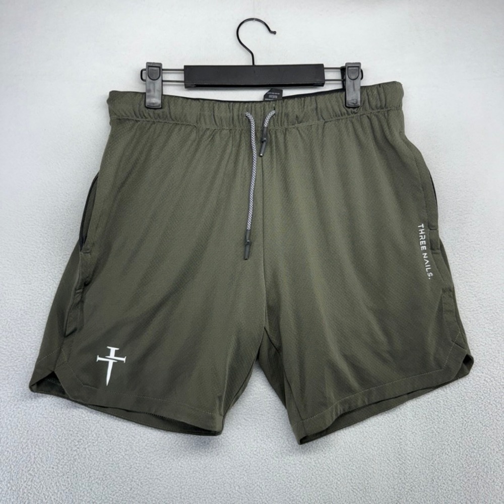 Three Nails Gym Shorts Mens Medium Olive Green Cross Logo Athletic Training 7 in